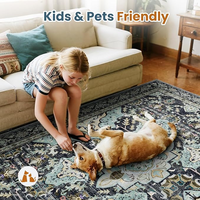 AMTOVO 2x3 Washable Entryway Area Rug Door Mat, Vintage Boho Distressed Print Pattern Non-Slip Carpet, Small Throw Rug for Indoor Entrance Kitchen Bedroom Bathroom Laundry Floor, Grayish Blue