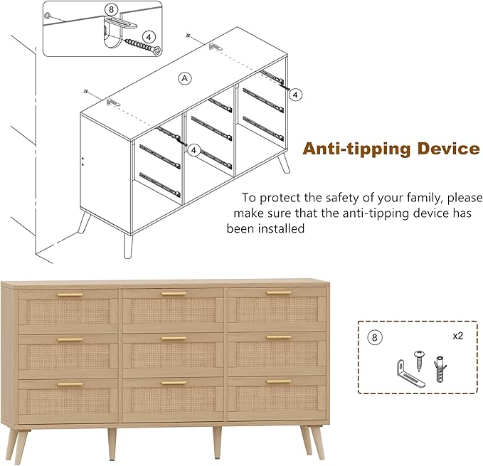 Rovaurx 9 Drawer Double Dresser for Bedroom, Rattan Chest of Dressers, Modern Wooden Dresser Chest with Golden Handles, Beside Table for Closet, Living Room and Entryway, Natural