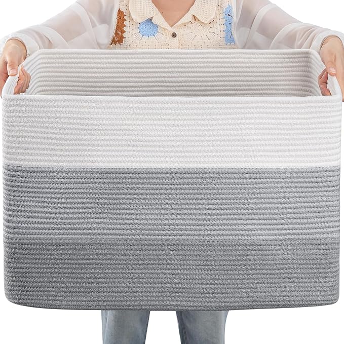 OIAHOMY 108L Large Cotton Rope Basket, Rectangle Woven Baskets for Storage, Nursery Blanket Storage Living Room, Toy Basket With Handle-25”x16”x16”-Gradient Grey