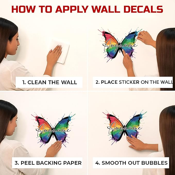 Custom Name Wall Decal Personalized Cute Watercolor Butterfly Name Transparent DTF Vinyl Removable Nursery Wall Decal for Kids Room, Teen Bedroom, Car, Cute Home Decor Gifts for Her Him