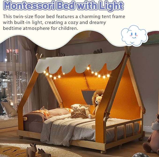 Full Size Floor Bed with Tent and Light, Wooden Montessori Bed Frame with Roof Design, Low Profile Beds for Kids, Boys and Girls, Brown
