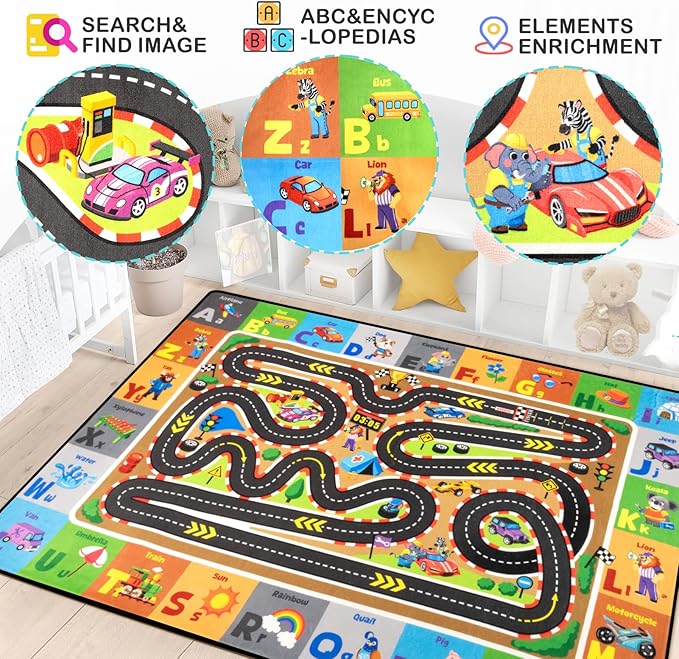 Race Track Car Rug 5x7FT Road Rug for Kids Toy Cars Non-Slip Play Carpet Baby Play Mat for Floor Washable ABC Alphabet Playroom Nursery Preschool Daycare Classroom Carpet