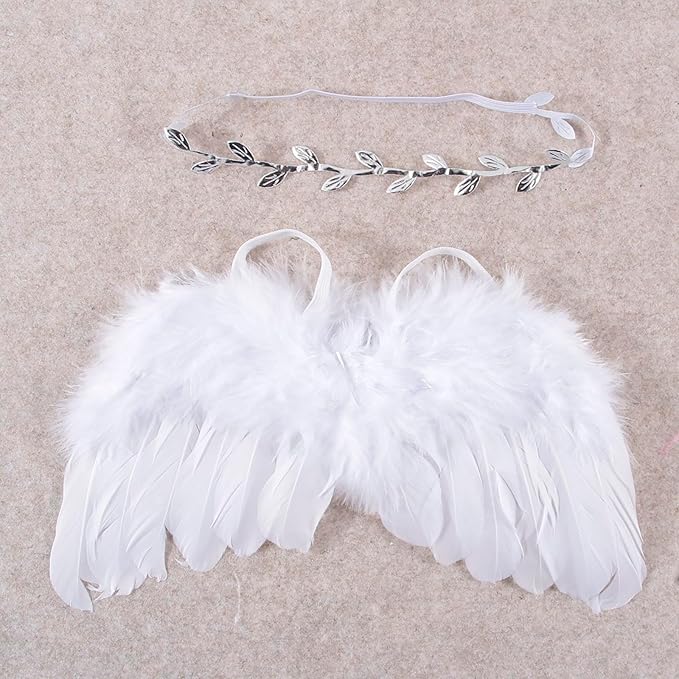 White Angel Wings With Leaf Headband For Newborn Infant Photography Props Soft Feather Wings For Kids Photo Outfits Baby Girls Costume(Color A, One Size)