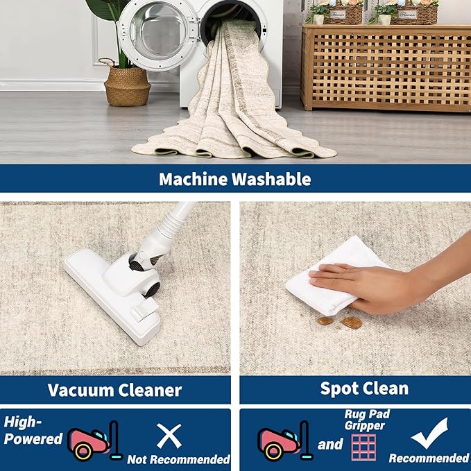 GarveeHome Scalloped Washable Runner Rug 2x10 Non Slip Kitchen Rugs Modern Blue Indoor Entryway Rug Farmhouse Soft Bath Mat Stain Resistant Carpet for Bedroom Hallway Laundry 2 ft x10 ft Beige