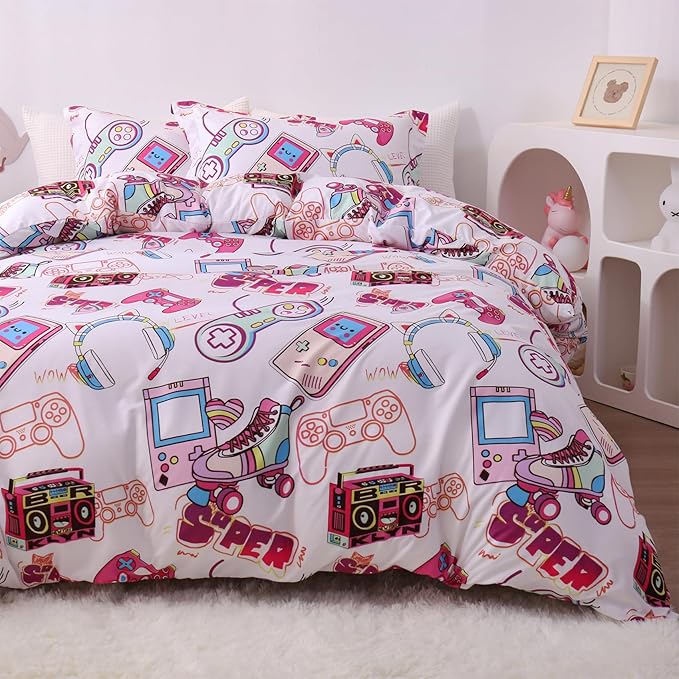 JSD Pink Gamer Kids Duvet Cover Set Queen Size, 3 Piece Teens Printed Microfiber Comforter Cover with Pillow Sham Zipper Closure, Comforter Not Included