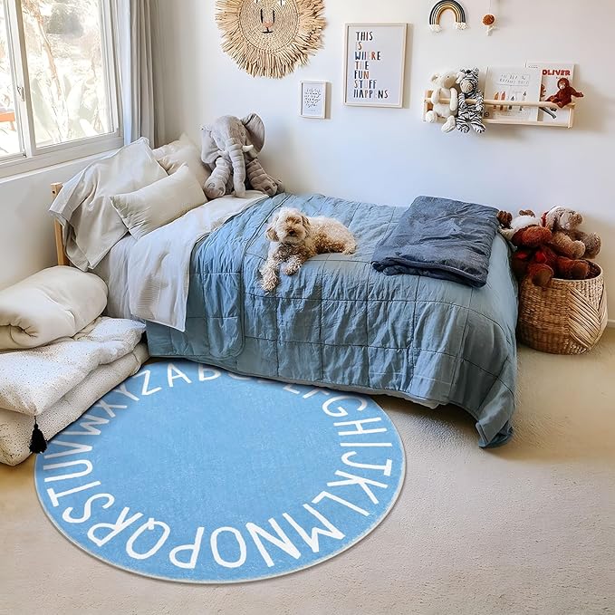 Topotdor Round Kids Play Rug Alphabet Nursery Area Rug Extra Large Soft Crawling Play Mat for Children Toddlers Bedroom (47 inch, Sky Blue)