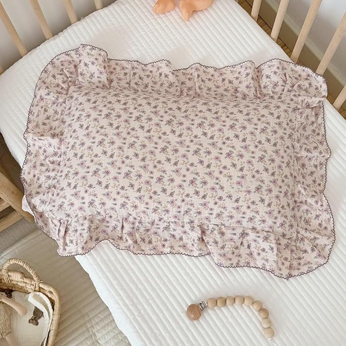 BuLuTu Purple Flower Print Kids Pillow Cases 20"x26" Fit for Standard Size Pillow, Soft Lightweight Muslin Pillow Cover 100% Cotton Floral Print Children Pillowcases with Ruffles, 1 pc