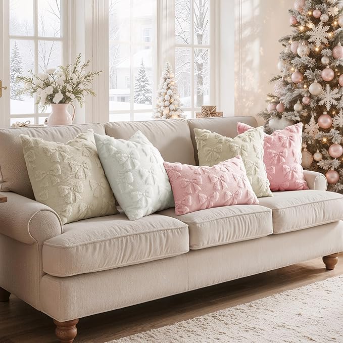 MIULEE Pure White Bow Pillow Covers Christmas Coquette Room Decor Aesthetic Set of 2 Decorative Cute Girl Throw Pillow Soft Plush Faux Pillowcase for Girl Bed Couch Sofa,20x20 Inch