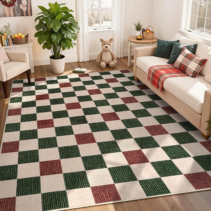 LIVEBOX 8x10 Christmas Area Rugs for Living Room Clearance, Checkered Non-Slip Washable Rugs, Farmhouse Neutral Classic Pattern Boys Area Rug for Bedroom, Carpet for Dining Room(Christmas,8'x10')