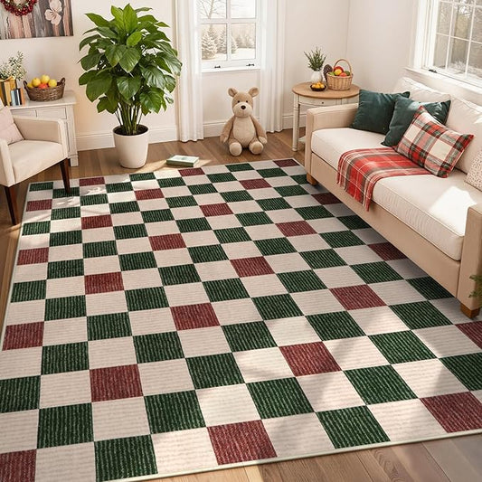 LIVEBOX 8x10 Christmas Area Rugs for Living Room Clearance, Checkered Non-Slip Washable Rugs, Farmhouse Neutral Classic Pattern Boys Area Rug for Bedroom, Carpet for Dining Room(Christmas,8'x10')