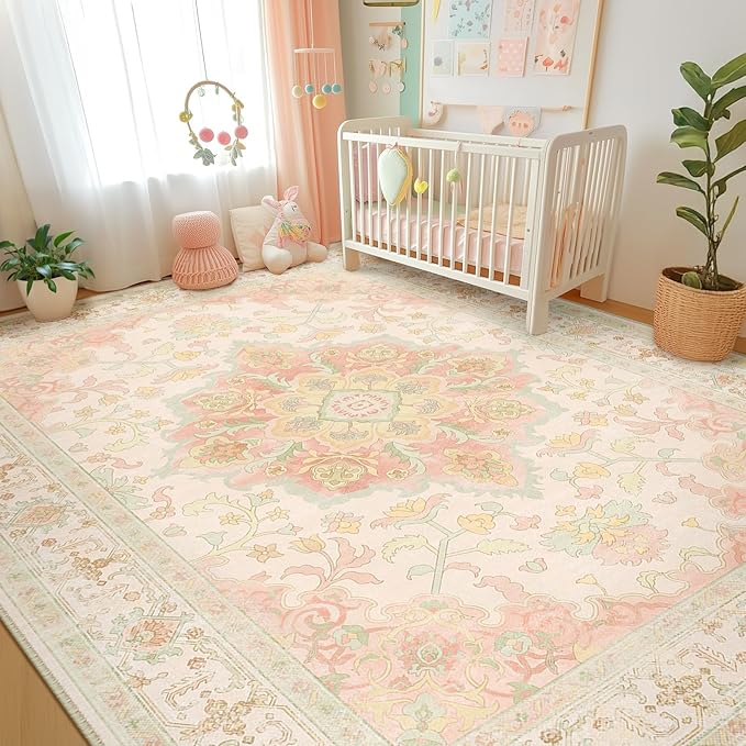 Machine Washable Rugs Nursery Rug 9x12 Cute Girl Non Slip Low Pile Water Repellent Soft Print Pattern for Bedroom Indoor Decor Kids Playroom Pinkgreen