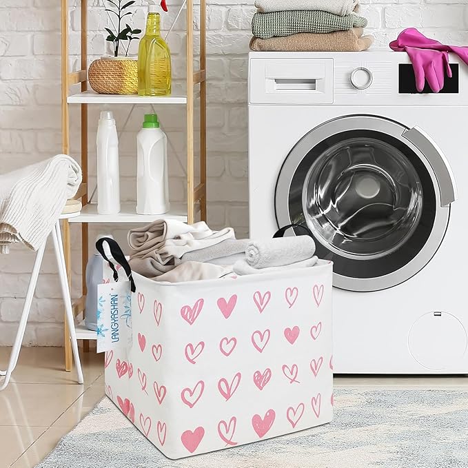 LANGYASHAN Square Storage Baskets Waterproof Canvas Children Laundry Nursery Hamper for Shelves Gift Baskets Toy Organizer Room Decor (Square Pink Heart)