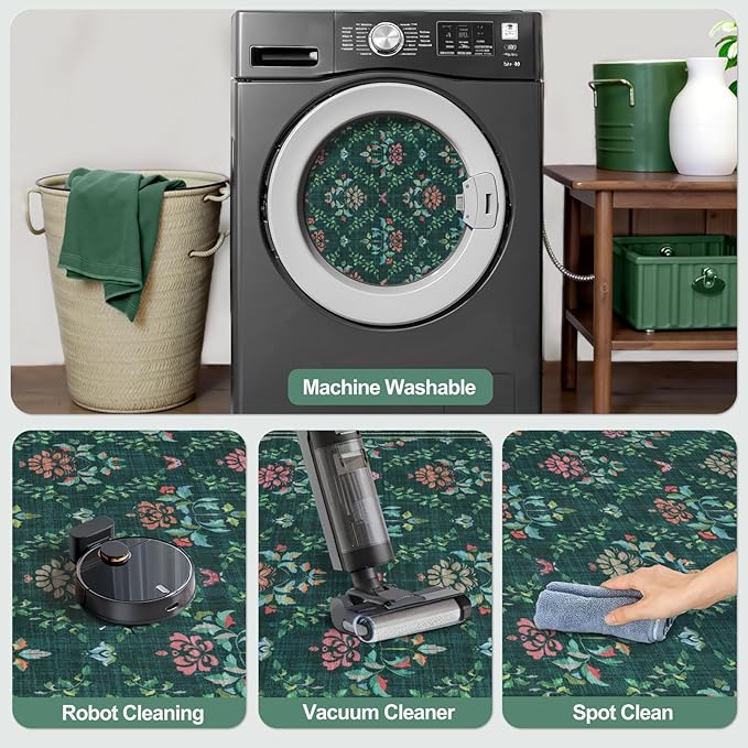 Tangsoo 5x7 Washable Area Rug, Non Slip Moroccan Trellis Green Floral Indoor Rug, Soft Low Pile Floor Carpet for Living Room, Bedroom, Dining Room, Pet & Child Friendly Room Decor, Easy to Clean