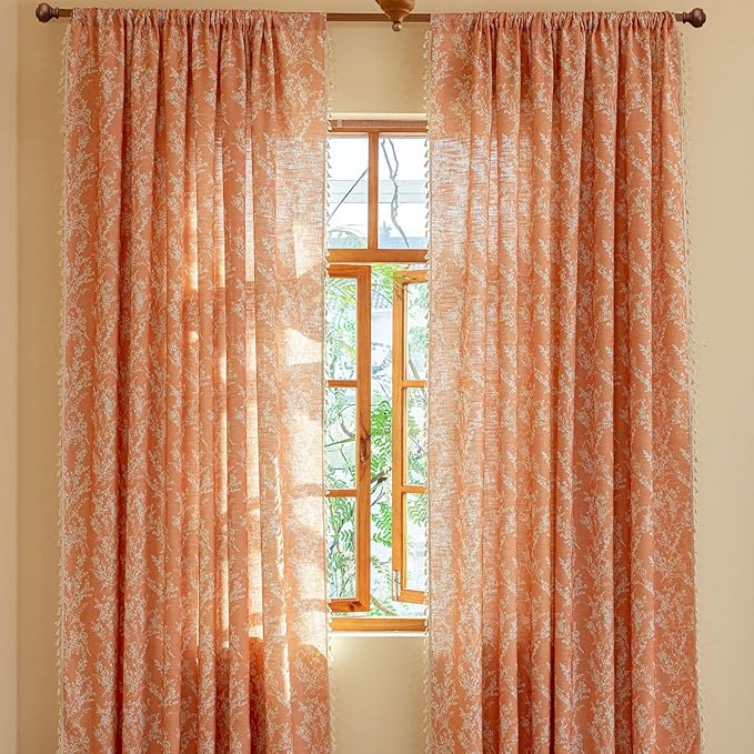 OYX Orange Boho Curtains 63 in Long with Tassel for Living Room,Semi Sheer Printed Floral Curtains, Rod Pocket Farmhouse Vintage Rustic Drapes for Bedroom, Home Decor 2 Panel Sets,Burnt Rustic Drapes