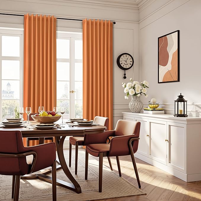 Guken Orange Linen 100% Blackout Curtains for Living Room 120 Inches 2 Panel Sets Long Textured Black Out Thermal Insulated Back Tab Hook Belt Backdrop Patio Curtains for Sliding Door 52x120