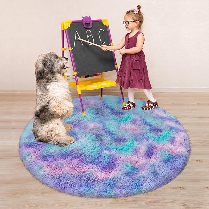 4x4 ft Purple Rainbow Fluffy Round Rug for Girls Bedroom,Colorful Soft Shaggy Circular Area Rug Kids Fuzzy Carpet Furry for Living Room Nursery Dorm Playroom Room Unicorn Decor Reading Nook Mat