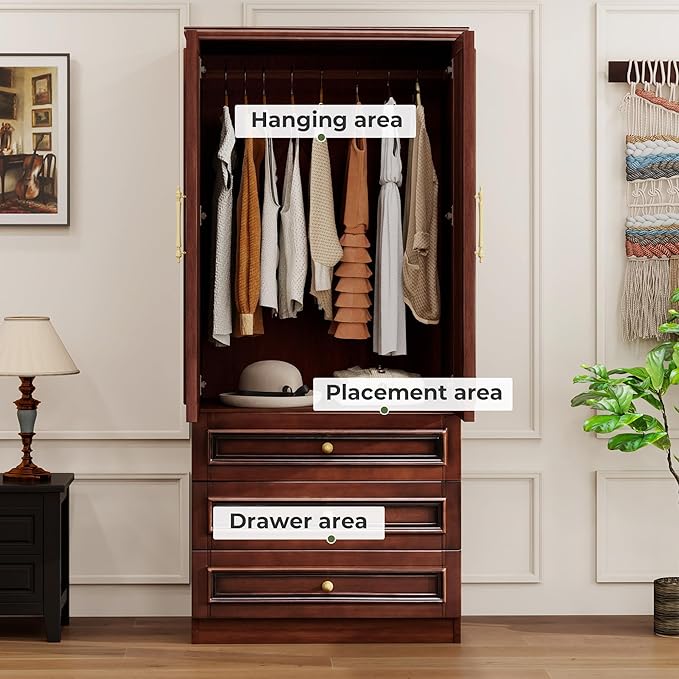 Solid Wood Armoire:Wardrobe Cabinet with Drawers and Hanging Rod,Storage Closet Clothes Organizer for Bedroom Cherry Finish
