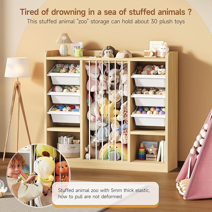 ONBRILL Toy Storage Organizer with 6 Removable Plastic Bins, Toddler Stuffed Animal Storage, Toy Box Cabinet with 2 Open Cubbies, Book Shelf for Kids Room Playroom Bedroom Nursery (Maple Wood)