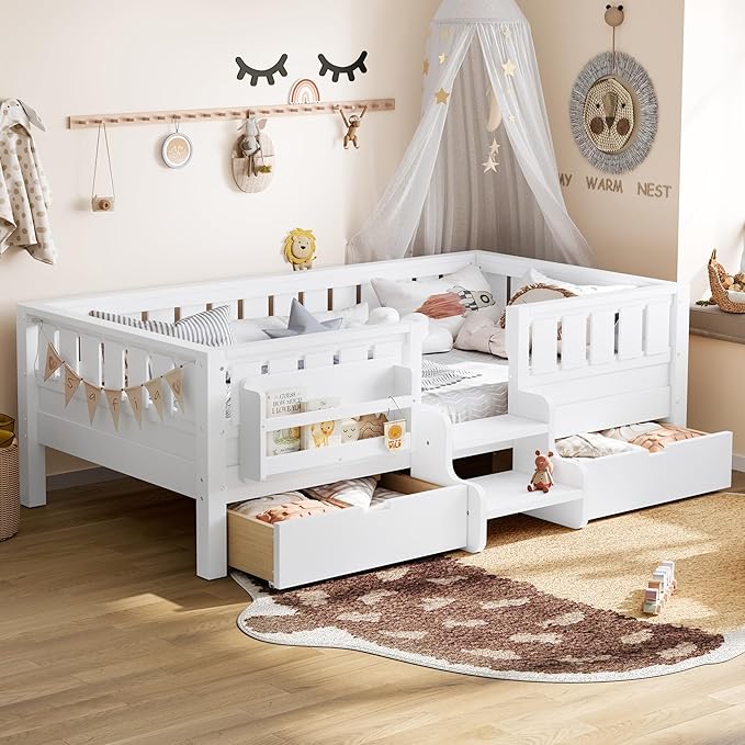 Bellemave Twin Bed with Slats and Stairs, Twin Size Platform Bed Frame with Fence, Bookshelf and Storage Drawers, Easy Assemble Beds for Kids, Girls, Boys, White