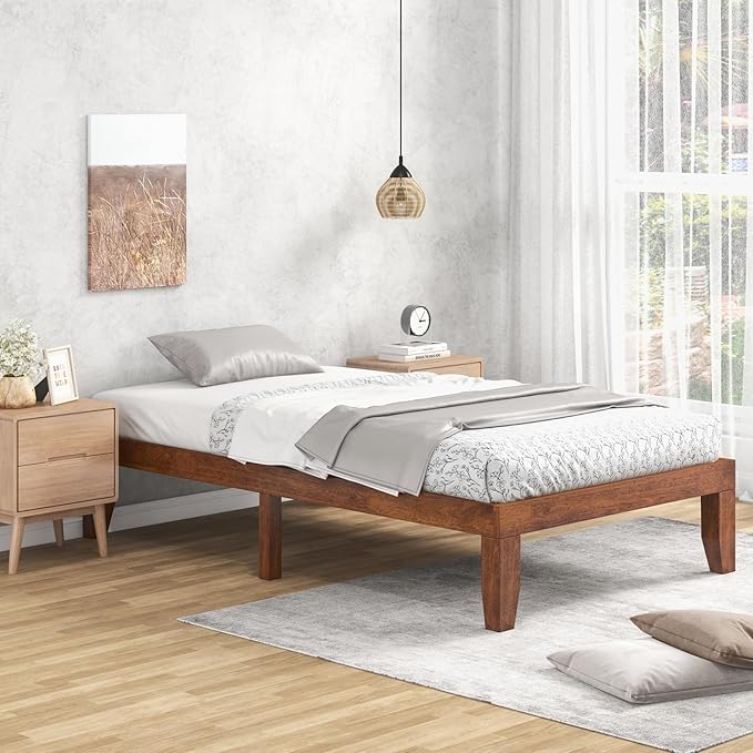 KOMFOTT 14 Inches Wood Platform Bed Frame Twin Size, Wooden Mattress Foundation with Rubber Wood Frame, Strong Wooden Slat Support, No Box Spring Needed, Bed Frame (Brown Cherry)