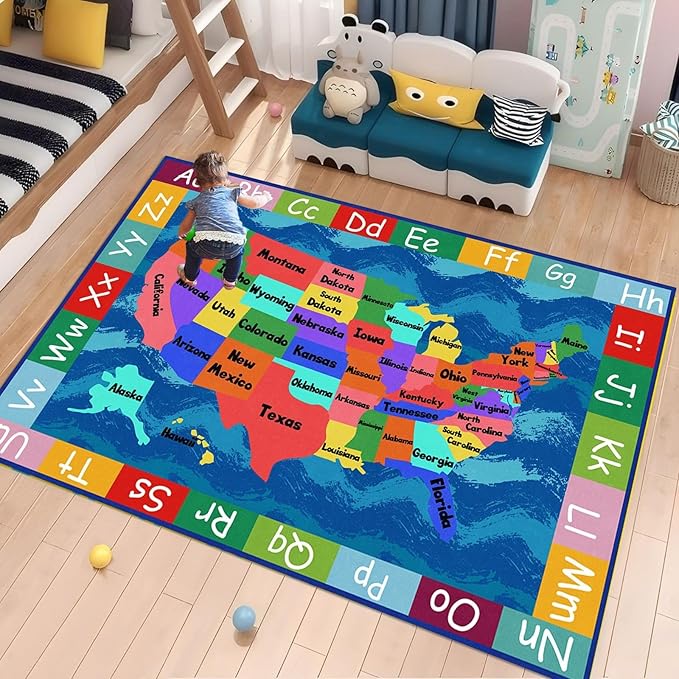 USA Map ABC Kids Rugs for Playroom,5x6ft,Soft Durable Non-Slip Machine Washable Nursery Rug for Preschool Education Toddler Kids Bedroom Large Classroom Children's Carpet Mat