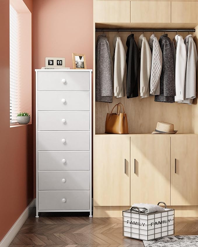 Crestlive Products Tall Dresser, 7-Drawer Fabric Storage Tower, Chests of Drawers - Vertical Organizer Unit for Bedroom, Hallway, Entryway, Nursery, Closets - Steel Frame, Wood Top & Handles (White)