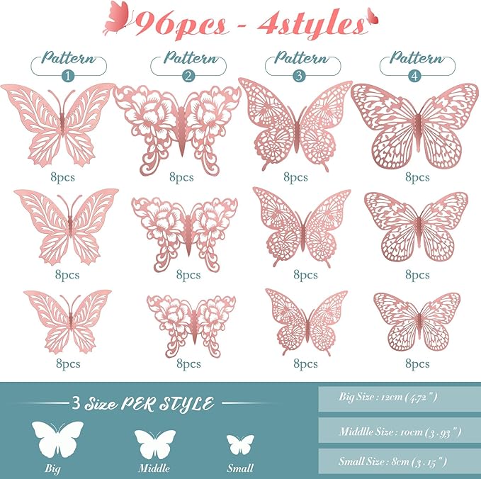 3D Gold Butterfly Wall Decor 3 Sizes 4 Styles Butterfly Party Decorations Cake Decorations Removable Stickers Wall Decor Room Mural Metallic Kids (Pink, 96Pcs)