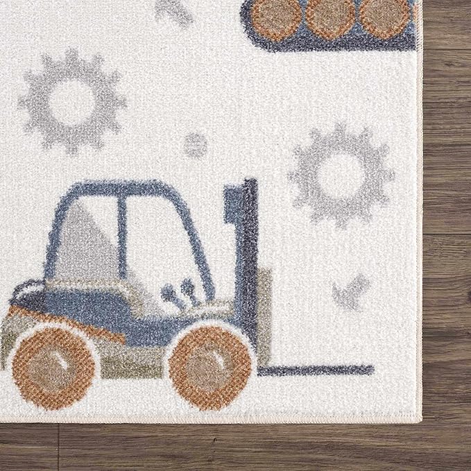 Hauteloom Mochi Kids Room, Nursery Machine Washable Area Rug - Construction Vehicles Machines - Cream, Brown, Beige - 7'10" x 10'