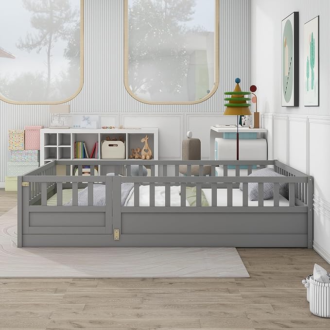 Ball & Cast Full Size Montessori Floor Bed with Baffle Design & Open Door,Toddler Floor Bed Frame W/Fence and High Guardrails,Wooden Playhosue Bed for Girls and Boys,No Box Spring Needed,Grey