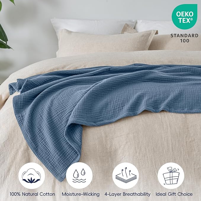 PHF 100% Cotton Muslin Throw Blanket 50" x 60", 4-Layer Lightweight Gauze Throw, Breathable Cloud-Soft Minimalist Blanket for Bed, Couch, Camping & Baby, Denim Blue, Ideal Gift