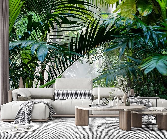 -Rainforest Leaves Fabric Wallpaper Green Trees Mural Bedroom 100" x 65" (Not Peel and Stick)