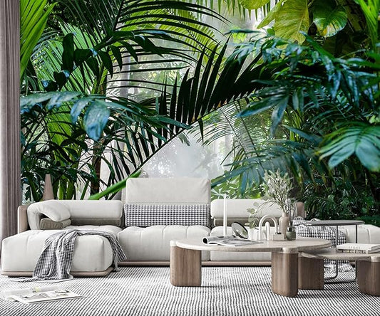 -Rainforest Leaves Fabric Wallpaper Green Trees Mural Bedroom 100" x 65" (Not Peel and Stick)