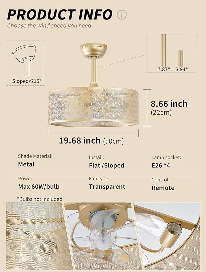 20" Boho Ceiling Fans with Lights, Gold Fandelier Ceiling Fan with Light Remote Control with Caged 6 Speeds for Bedroom, Nursery, Living Room