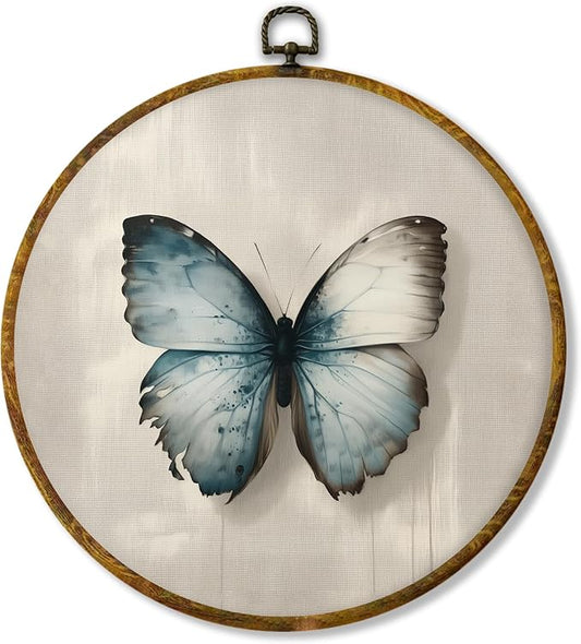 Hiuwevt Vintage Moody Blue Butterfly Round Wall Art Decor, Retro Rustic Butterfly Framed Canvas Prints, Cottagecore Insect Round Wall Hanging Decor for Home Bedroom Decorations, 10x10 Inches