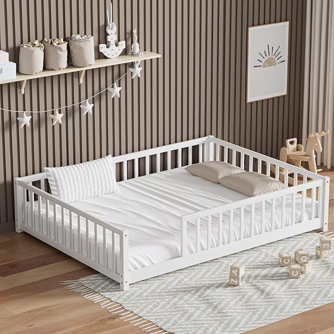 LLS Full Floor Bed for Kids Toddlers, Solid Wood Multifunctional Montessori Bed Frame with Safety Guardrails, Without Door, Easy Assemble, White