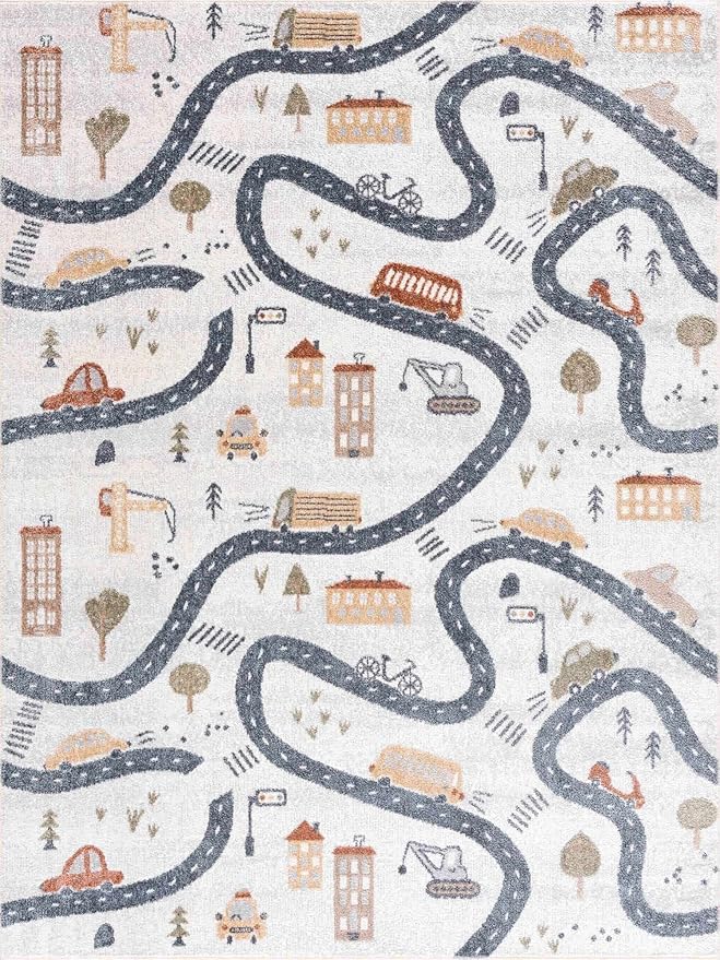 Hauteloom Road Mave Runner Rug for Kids, Toddler Room, Nursery, Playroom, Classroom - Machine Washable - Cream, Red, Blue, Gray - 2'7" x 10' Runner