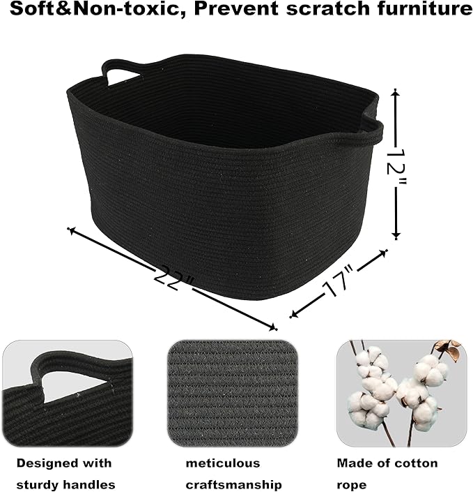 Large Rectangle Blankets Basket Living Room 22"x17"x12" Woven Cotton Rope Storage Baskets for Nursery Toy Baskets for Kids and Dogs Wicker Laundry Basket Bin for Clothes Towels black