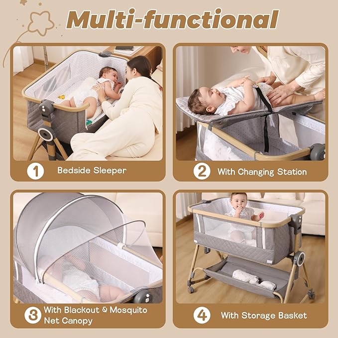 Baby Bassinets Bedside Sleeper 5 in 1,Bedside Bassinet for Baby with Mattress,Diaper Table, Storage Layer,Mosquito Net,7-level adjustable height , one-touch folding for travel with infants (Gray)