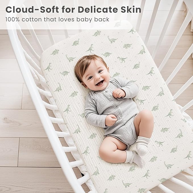 Konssy 2 Pack Muslin Bassinet Sheets for Baby Boy, 100% Cotton Soft Breathable Bassinet Mattress Sheets Fit for Hourglass Oval Cradle Rectangle Mattress (Green Dino,Baby Green Plaid)