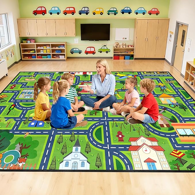 Cars Rug for Kids 9x12 Feet, Car Road Rug for Kids Bedroom Road Map Carpet for Boys Car Carpet Play Mat Farm