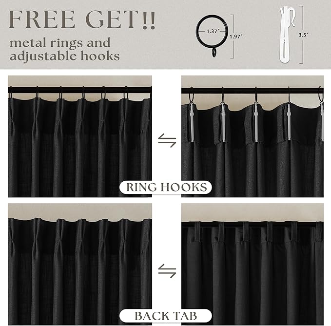 Black Linen Semi Sheer Curtains 90 Inches Long for Living Room Bedroom Light Filtering Black Textured Burlap Pinch Pleated Curtains 90 Length Hooks Rings Back Tab for Sliding Door 2 Panels
