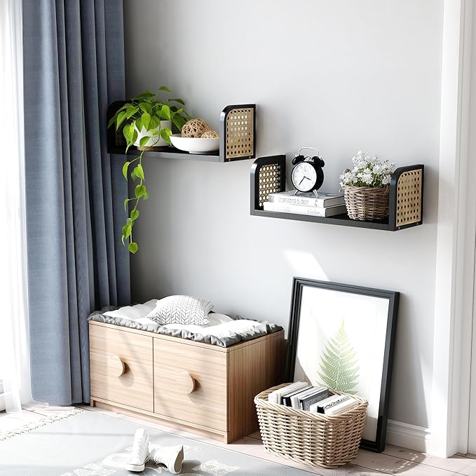 Black Rattan Shelf Set of 2, Nursery Shelves Wall Mounted, Natural Hanging Bookshelf Storage, Boho Decorative Floating Shelves for Kids Room, Living Room, Play Room, Bedroom, Home Decor