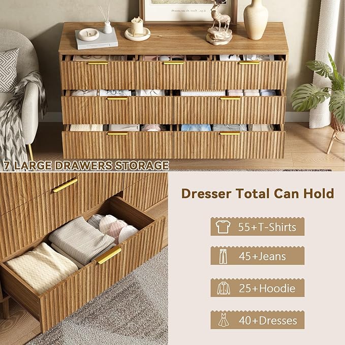 CARPETNAL Fluted 7 Drawer Dresser for Bedroom, 55" Wide Wooden Chest of Drawers with Rounded Corners, Gold Handles, Modern Storage Organizer for Bedroom, Hallway(Walnut)