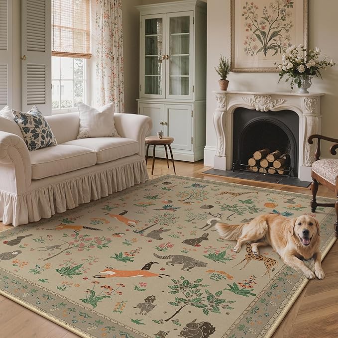 Washable Rugs 8x10 Rug for Living Room,Floral Animal Print Area Rug, Non Slip Low Pile Carpet for Bedroom, Dining Room, Nursery,Playroom, Light Taupe