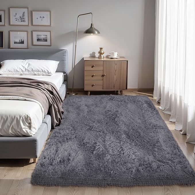 Thick Area Rug Grey Fluffy Shag 5x8 for Bedroom Living Room Washable Plush Fuzzy Carpet for Kids Girls Boys Baby Room Nursery Soft Furry Shaggy Indoor Floor Non Slip Rugs for College Dorm