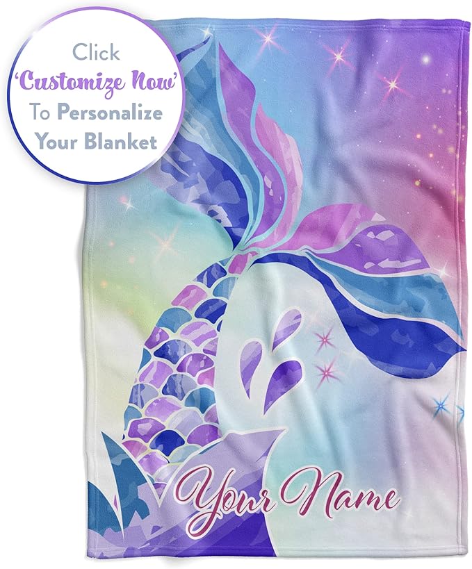 Personalized Mermaid Fleece Blanket - Ships Next Day, Made in USA - Custom, Soft, & Plush, Couch Bed Throw for Kids, Girls Bedroom Décor, Pink & Purple (Sherpa – 50x60)
