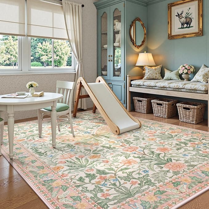Collive 8x10 Pink Butterfly Rugs for Living Room, Vintage Insect Girls Bedroom Area Rug Washable, Boho Floral Non Slip Large Floor Carpet for Dining Room Kids Room Office