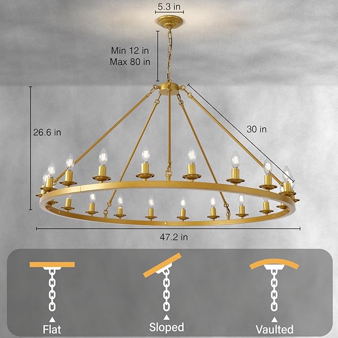 Wagon Wheel Chandelier, 20-Light Gold Round Modern Farmhouse Chandelier with Adjustable Height Hanging Island Light Fixture for High Ceiling Dining Room, Kitchen, Living Room, Entryways, Foyer
