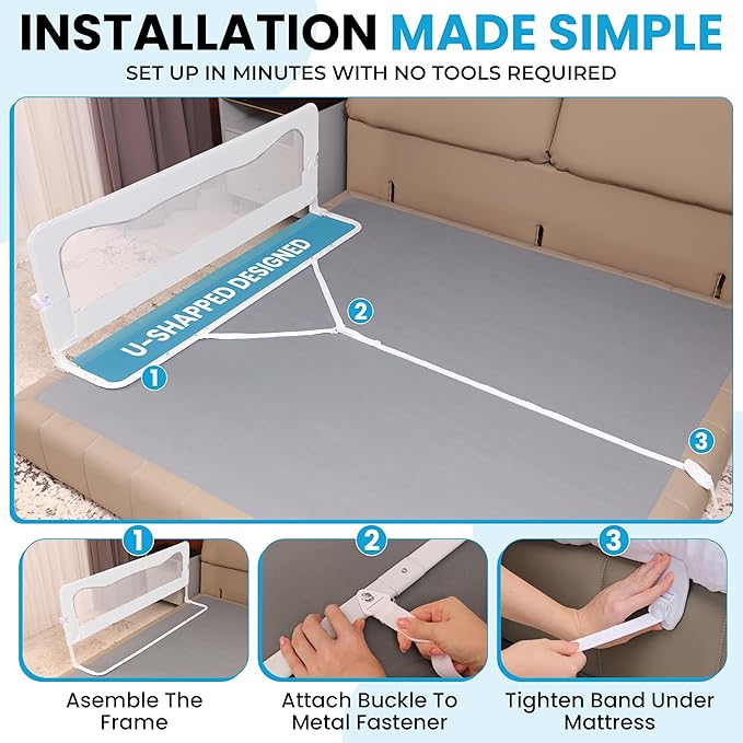 TotCraft MiniFlex Adjustable Length & Height Bed Rail for Toddlers – 35.5″ or 47″ Two Fixed Lengths,Fits Twin, Full & Queen Beds – 14 Height Levels – ASTM Certified Safety Guard Rail for Kids (White)