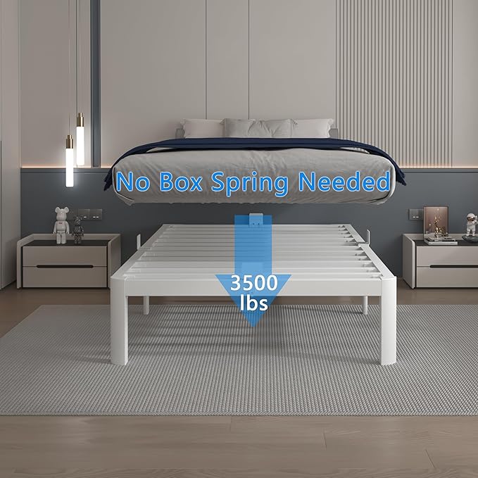 White 12 Inch Twin Bed Frames with Gaskets, Metal Twin Size Bed Frame No Box Spring Need, Heavy Duty Steel Platform Support, Round Corner Desgin, Reserved Holes, Storage Space, Noiseless